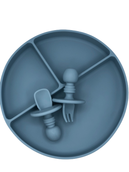 Silicone Suction Plate With Spoon/Fork Set- Ocean Blue