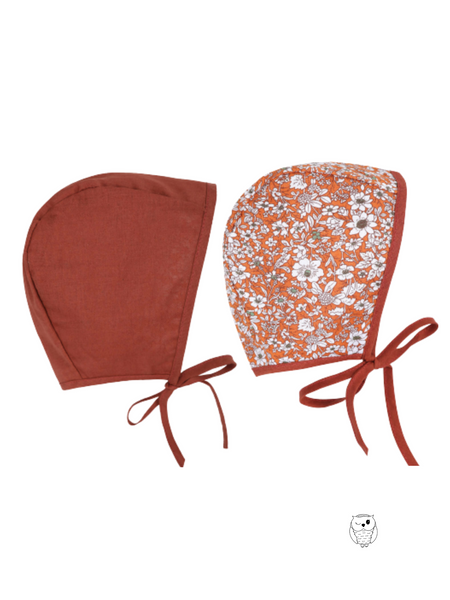 Vintage Baby Linen Bonnet Reversible-(Red Floral) 6-12M