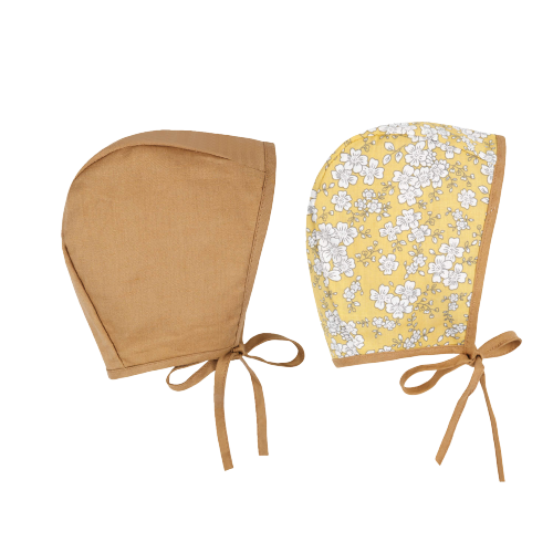 Vintage Baby Linen Bonnet Reversible-(Yellow Floral) 6-12M