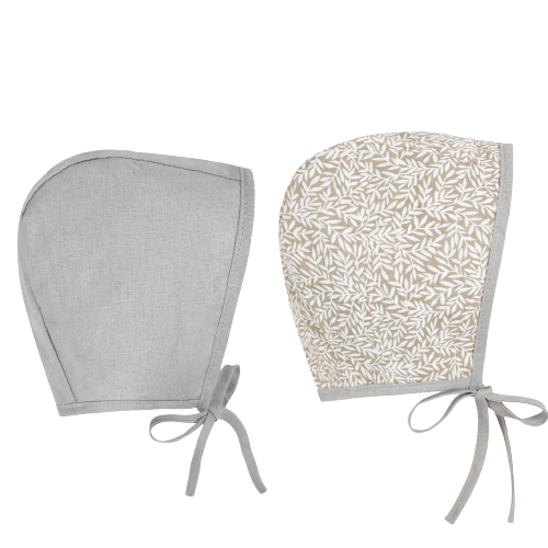 Vintage Baby Linen Bonnet Reversible-(Grey Leaves) 6-12M