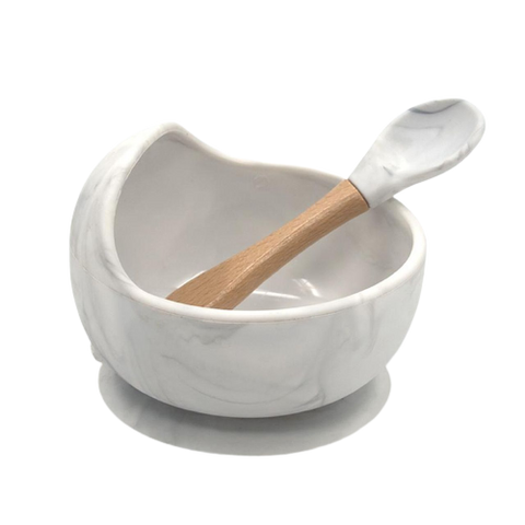 Silicone Bowl And Spoon Set- White Marble