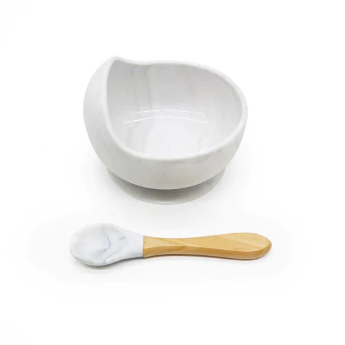 Silicone Bowl And Spoon Set- White Marble