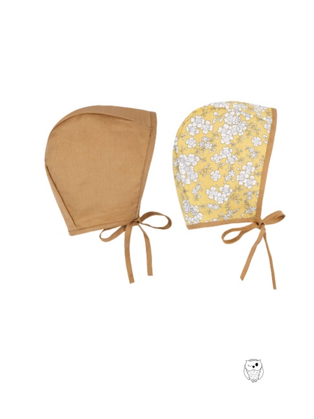 Vintage Baby Linen Bonnet Reversible-(Yellow Floral) 6-12M